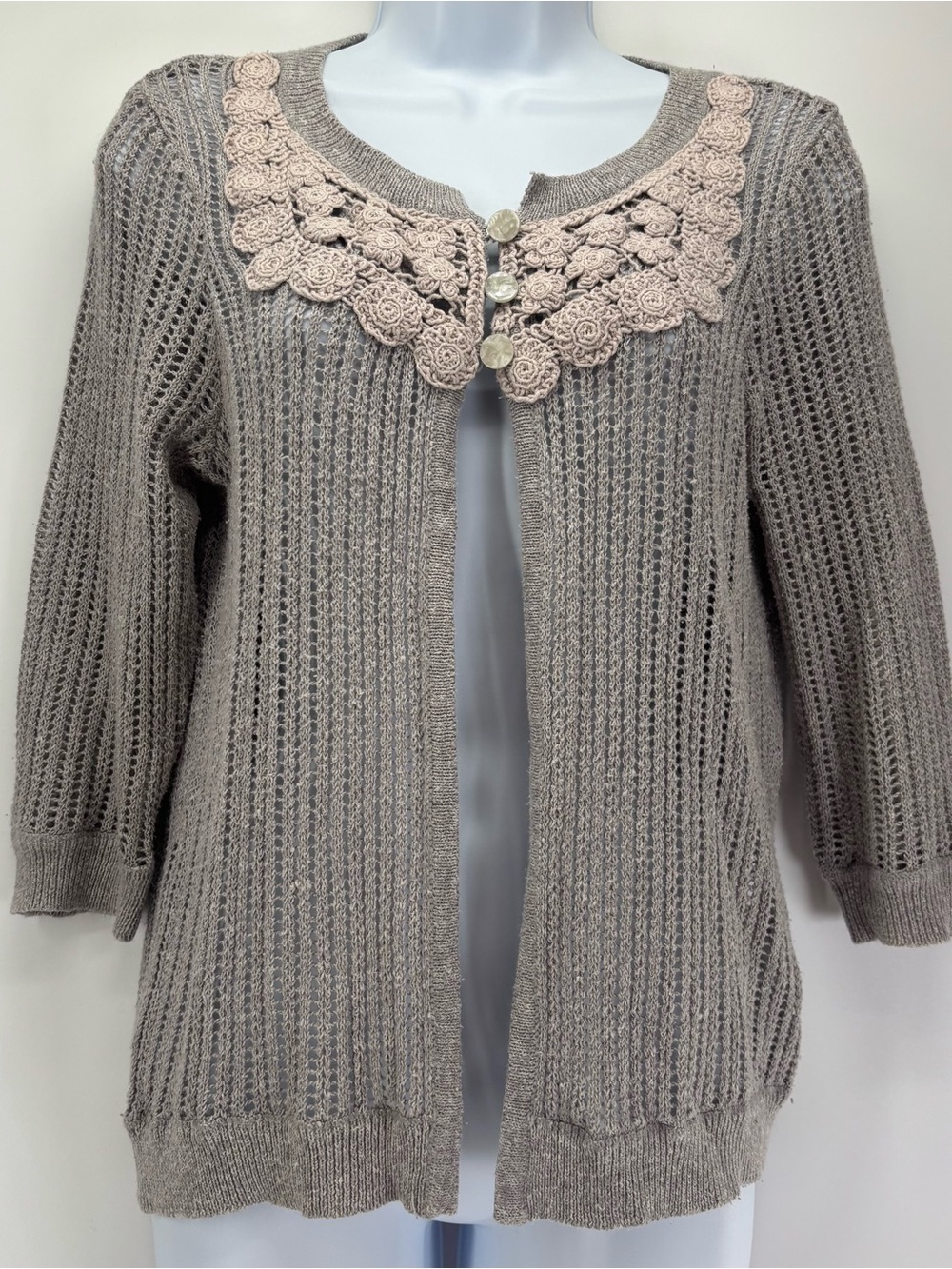 Grandma cardigan crochet lace collar Christopher Banks Small Gray twee